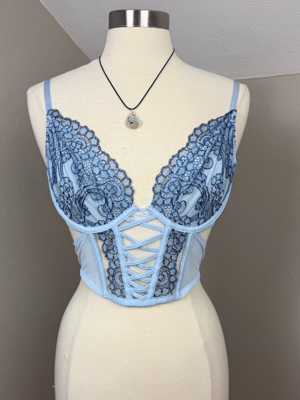 Victoria's Secret Light Blue Lace-Up Corset Bustier Top Large NWT